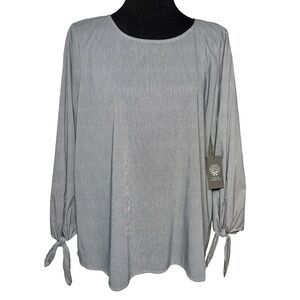 Vince Camuto Women’s Pinstripe Blouse Black White Tie Sleeve L Classic Top NWT